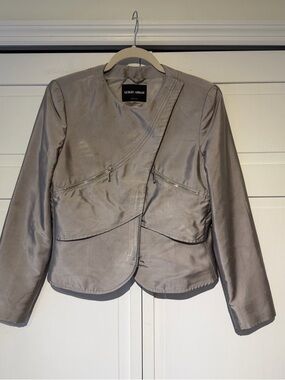 Giorgio Armani 90s Pewter Grey Silver Textured Silk Asymmetric Double Zip Jacket